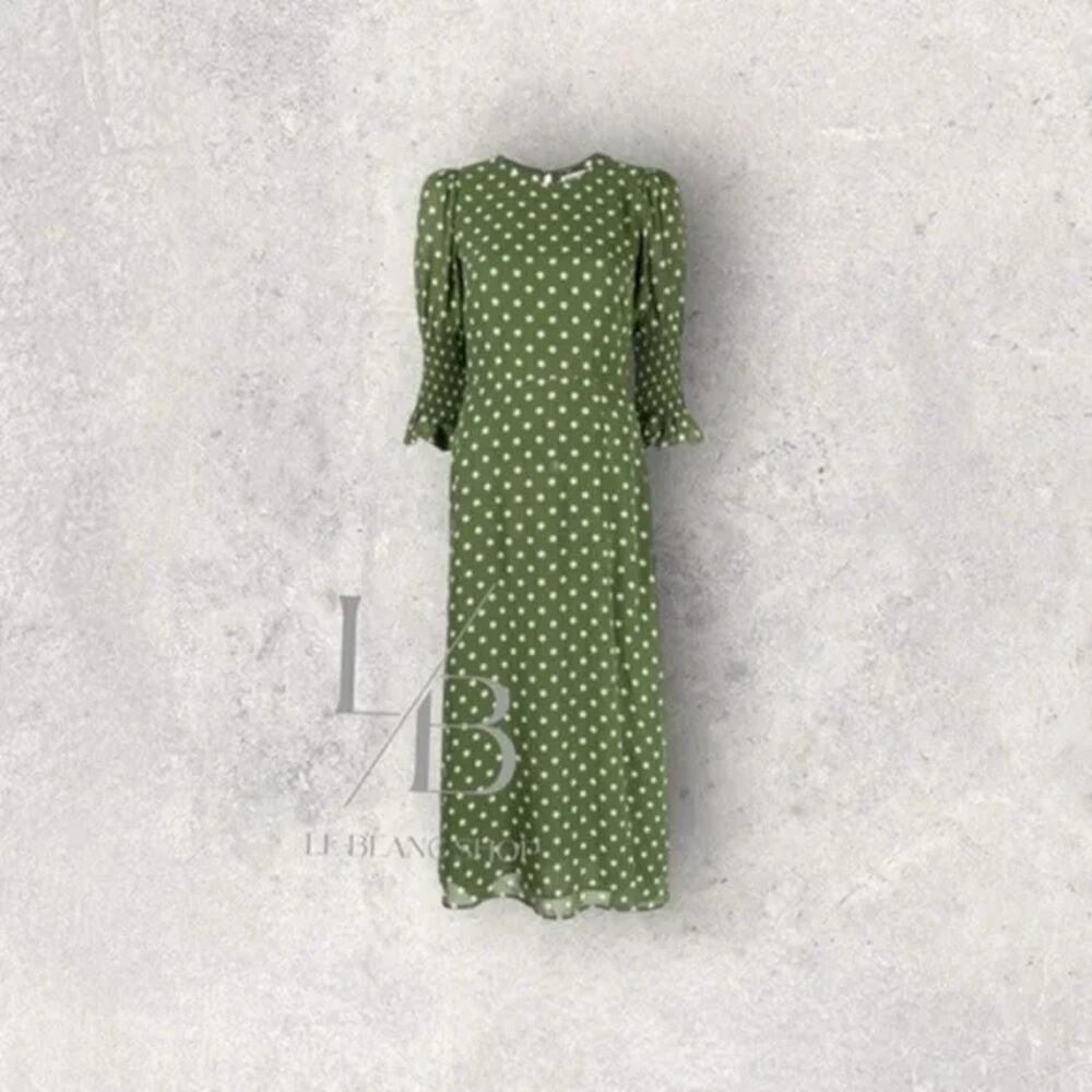 Reformation Edamame Green Carolena Polka Dot Midi Dress size 2 B339